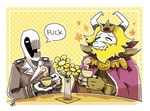  adsnk anthro asgore_dreemurr beard beverage boss_monster cape caprine clothed clothing crown cup dedan english_text eyes_closed facial_hair flower fully_clothed goat half-closed_eyes horn humanoid male mammal monster monstrous_humanoid off_(game) pale_skin plant simple_background table tea tea_party teeth text trenchcoat undertale video_games 