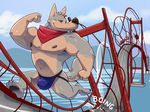  4_fingers 4_toes anthro bulge canine clothing coubtershade_torso coyote destruction eclipsewolf jockstrap macro male mammal navel one_eye_closed solo toes underwear wink 