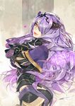  arched_back armor black_armor camilla_(fire_emblem_if) fire_emblem fire_emblem_if gauntlets hair_over_one_eye heart ian_olympia long_hair looking_at_viewer purple_eyes purple_hair solo 