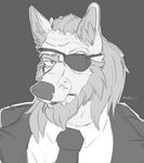  2017 amazing anthro badge black_and_white black_nose canine clothed clothing digital_media_(artwork) eye_patch eyebrows eyewear front_view full-length_portrait fur grey_fur hair looking_at_viewer male mammal monochrome multicolored_fur necktie nuzzling portrait simple_background solo speedpainting standing suit two_tone_fur undead_foster uniform white_fur wolf wwas 