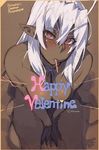  antenna_hair blush dark_elf dark_skin elf english food happy_valentine long_hair namaniku_atk orange_eyes pocky pointy_ears sansei_muramasa solo soukou_akki_muramasa valentine white_hair 