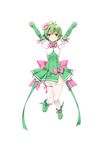  :o absurdres arms_up bow clenched_hands covered_navel detached_sleeves dress flower full_body green green_dress green_footwear green_hair hair_flower hair_ornament highres juure_mikku_pandora_puerta looking_at_viewer mari_kakuhara official_art orange_eyes pink_bow puffy_sleeves refeia short_hair simple_background solo thighhighs white_background white_legwear 