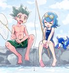  1girl ^_^ ^o^ bare_shoulders black_hair blue_hair butterfly_net closed_eyes cloud day fishing_rod full_body gen_7_pokemon goggles goggles_on_head gon_freecss hand_net happy holding holding_fishing_rod hunter_x_hunter male_swimwear mikanbako_(aitatadon3) one-piece_swimsuit open_mouth pokemon pokemon_(anime) pokemon_(creature) pokemon_sm_(anime) popplio short_hair sitting sky smile spiked_hair suiren_(pokemon) swim_trunks swimsuit swimwear topless trial_captain water yellow_eyes 