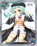  artist_request bed bed_sheet blush brown_eyes card_(medium) chinkyuu coat cutoffs denim denim_shorts green_hair hair_bobbles hair_ornament hairclip hat koihime_musou long_hair lying midriff on_back sheet_grab shirt short_shorts shorts solo striped striped_legwear thighhighs twintails 