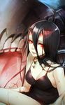  bare_arms bare_shoulders battleship_hime black_dress black_hair breasts choker cleavage commentary_request dress hair_between_eyes itou_nanami kantai_collection long_hair looking_at_viewer medium_breasts oni_horns pale_skin red_eyes shinkaisei-kan solo 