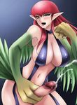  avian big_breasts breasts censored cleavage clothed clothing cum cumshot dickgirl ejaculation erection harpie_lady harpy intersex masturbation navel orgasm penis skimpy solo unknown_artist yu-gi-oh 