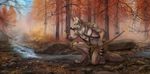  2017 4_toes 5_fingers amazing_background anthro black_lips black_nose bow canine creek crouching day detailed_background digitigrade forest fur male mammal sky solo toes tree white_fur wolf wolnir 
