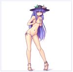  &gt;:) bare_legs bare_shoulders bikini blue_hair border breast_squeeze breasts contrapposto food food_themed_clothes fruit full_body groin hat hater_(hatater) highres hinanawi_tenshi leaf legs long_hair looking_at_viewer micro_bikini navel navel_piercing peach petite piercing red_eyes sandals side-tie_bikini simple_background skinny small_breasts smile solo standing swimsuit touhou v-shaped_eyebrows very_long_hair white_background white_bikini 