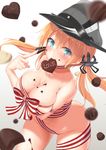  absurdres anchor_hair_ornament blonde_hair blush breast_hold breasts chocolate chocolate_heart chocolate_on_breasts chocolate_on_face food food_on_face gradient gradient_background green_eyes hair_ornament hat heart highres kantai_collection large_breasts long_hair looking_at_viewer low_twintails md5_mismatch mirea mouth_hold naked_ribbon navel peaked_cap pointing pointing_at_self prinz_eugen_(kantai_collection) ribbon smile solo striped striped_ribbon twintails valentine 
