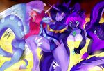  amethystdust anthro bra breasts butt clothing dragon female group horn looking_at_viewer smile spread_legs spreading treasure underwear wings 