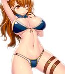  arm_up armpits asamura_hiori beatrix_(granblue_fantasy) bikini blue_bikini blush breasts brown_eyes brown_hair cleavage front-tie_top granblue_fantasy highres large_breasts long_hair looking_at_viewer navel one_eye_closed ponytail simple_background smile solo swimsuit thigh_strap white_background 
