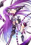  armor armpit_peek belt breastplate fate/grand_order fate_(series) gloves grimjin headband highres hip_armor holding holding_weapon kusarigama leotard long_hair medusa_(lancer)_(fate) pauldrons purple_eyes purple_gloves purple_hair purple_legwear rider sickle solo thighhighs very_long_hair weapon 