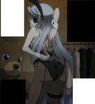 1girl adjusting_clothes animal_ears animal_tail ass back belt bent_over bunny_tail bunnysuit from_behind fur grey_hair infinite_stratos laura_bodewig leotard long_hair pantyhose spandex tail teddy 