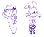  2017 anthro blush butt cat clothed clothing covering_chest covering_pussy digital_media_(artwork) disfigure duo embarrassed eyelashes fan_character feline female hair_covering_one_eye hairclip lagomorph legwear mammal navel nude pose presenting presenting_hindquarters rabbit raised_arm raised_tail slightly_chubby tears thigh_highs topless 