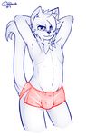  2017 anthro armpits bulge clothed clothing digital_media_(artwork) feline fur hair hand_behind_head looking_at_viewer male mammal monochrome navel oddchurch partially_clothed pose raised_arm simple_background smile solo standing topless tuft white_background 