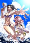  bikini cloud commentary_request day kamotama kantai_collection long_hair multiple_girls nachi_(kantai_collection) navel open_mouth outdoors sky swimsuit water water_gun water_tank wet 
