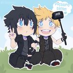  2boys 7repose black_hair black_jacket black_pants blonde_hair blue_eyes blue_sky chibi day english final_fantasy final_fantasy_xv grass jacket legs_together locked_arms male_focus multiple_boys noctis_lucis_caelum open_mouth pants prompto_argentum self_shot selfie_stick sitting sky spiked_hair twitter_username v vest 