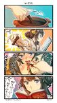  4koma black_hair blush brown_hair chocolate comic commentary_request finger_licking haruna_(kantai_collection) headgear hiei_(kantai_collection) highres kantai_collection kirishima_(kantai_collection) kongou_(kantai_collection) licking long_hair multiple_girls nonco nontraditional_miko pot reading short_hair tongue tongue_out translated yuri 