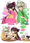  2girls ? alternate_costume alternate_eye_color aori_(splatoon) black_hair burst_bomb_(splatoon) closed_eyes cousins detached_collar domino_mask dress earrings eating english fangs floral_background food food_on_head french_fries gloves green_dress green_eyes grey_hair holding holding_weapon hotaru_(splatoon) japanese_clothes jewelry kimono long_hair mask mole mole_under_eye mouth_hold multiple_girls object_on_head open_mouth pointy_ears purple_dress purple_eyes short_hair sigh sitting smile splat_bomb_(splatoon) splatoon_(series) splatoon_1 spoken_question_mark standing strapless sweatdrop table tentacle_hair very_long_hair weapon white_gloves wong_ying_chee 
