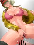  1boy 1girl anus artist_request ass blonde_hair blue_eyes bra breasts censored cidney_aurum clitoris collarbone cum cum_in_pussy erect_nipples final_fantasy final_fantasy_xv gloves hat large_breasts looking_at_viewer navel open_jacket parted_lips penis pussy pussy_juice short_hair thighhighs 