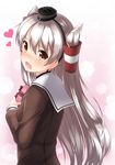  amatsukaze_(kantai_collection) bangs blush brown_eyes commentary_request dress eyebrows_visible_through_hair fang from_side gift hair_between_eyes hair_tubes hands_up hat heart highres holding holding_gift kantai_collection long_hair looking_at_viewer looking_back mini_hat nose_blush open_mouth sailor_dress shirasawa_kazane silver_hair solo two_side_up upper_body valentine 