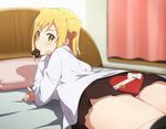  ass bed_sheet blonde_hair box chocolate commentary_request demi-chan_wa_kataritai double_bun dress_shirt fang flat_ass gift gift_box heart heart-shaped_box looking_at_viewer looking_back lying mouth_hold ogipote on_bed on_stomach pillow pleated_skirt school_uniform shirt skirt solo takanashi_hikari thighs valentine vampire white_shirt yellow_eyes 