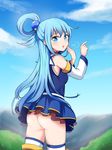  ajia_(otya3039) aqua_(konosuba) ass bare_shoulders blue_eyes blue_hair blush commentary_request day detached_sleeves from_behind hair_ornament hair_rings hand_to_own_mouth kono_subarashii_sekai_ni_shukufuku_wo! long_hair looking_at_viewer looking_back mountain no_panties open_mouth outdoors pleated_skirt see-through skirt solo thighhighs tree very_long_hair 