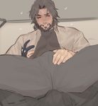  2boys blush bulge crotch facial_hair hanzo_(overwatch) invitation looking_at_viewer male_focus mccree_(overwatch) multiple_boys naughty_face overwatch sitting_on_person teeth yaoi 