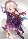  blonde_hair blush fate/grand_order glasses jacket long_hair saber_alter scarf valentines yellow_eyes 