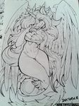  amethystdust anthro dragon featureless_crotch female hair horn looking_at_viewer monochrome smile solo traditional_media_(artwork) wide_hips wings 