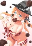  absurdres anchor_hair_ornament blonde_hair blush breast_hold breasts chocolate chocolate_heart chocolate_on_breasts chocolate_on_face food food_on_face gradient gradient_background green_eyes hair_ornament hat heart highres kantai_collection large_breasts long_hair looking_at_viewer low_twintails md5_mismatch mirea mouth_hold naked_ribbon navel peaked_cap pointing pointing_at_self prinz_eugen_(kantai_collection) revision ribbon smile solo striped striped_ribbon twintails valentine 
