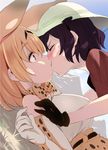  animal_ears black_hair blonde_hair blush breasts cat_ears closed_eyes commentary_request eyebrows_visible_through_hair girl_on_top gloves hat helmet highres kaban_(kemono_friends) kemono_friends kiss large_breasts multiple_girls noripachi pith_helmet ribbon serval_(kemono_friends) serval_ears serval_print short_hair skirt smile surprise_kiss surprised sweat tail yellow_eyes yuri 