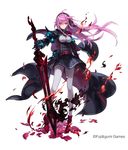  armor belt black_killers_(phantom_of_the_kill) breasts cape company_name dark_persona fire flower full_body gauntlets glowing hair_ribbon long_hair medium_breasts official_art pantyhose phantom_of_the_kill pink_eyes pink_hair red_flower ribbon shoes shoulder_spikes side_b solo spikes sword tyrfing_(phantom_of_the_kill) waist_cape weapon 