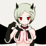  akeyama black_gloves blush breasts gloves green_hair horns large_breasts mahou_shoujo_ikusei_keikaku mahou_shoujo_ikusei_keikaku_limited maou_pam red_eyes short_hair slit_pupils solo upper_body 