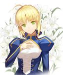  ahoge artoria_pendragon_(all) braid corset fate_(series) flower green_eyes head_tilt lily_(flower) looking_at_viewer saber smile solo vmax-ver 