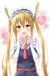  blonde_hair blush box dragon_girl dragon_horns gift gift_box gloves heart heart-shaped_box horns kobayashi-san_chi_no_maidragon long_hair maid maid_headdress open_mouth red_eyes slit_pupils smile solo tear_u tooru_(maidragon) twintails valentine white_gloves 