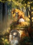  2019 anthro black_hair blonde_hair canine day detailed_background digital_media_(artwork) female forest fox fur grass hair heyriel mammal orange_fur outside sitting solo tree 