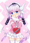 :o bangs beads black_bow black_hairband blue_eyes blush bow box capelet cowboy_shot dragon_girl dragon_horns dress eyebrows_visible_through_hair gift hair_beads hair_bow hair_ornament hairband heart-shaped_box holding holding_gift horns incoming_gift kanna_kamui kobayashi-san_chi_no_maidragon long_hair long_sleeves looking_at_viewer open_mouth outstretched_arms silver_hair simple_background solo thigh_gap thighhighs twintails valentine white_legwear xephonia zettai_ryouiki 