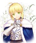  ahoge armor artoria_pendragon_(all) blue_cape braid cape corset fate/stay_night fate_(series) flower fur_trim gauntlets gorget green_eyes head_tilt lily_(flower) looking_at_viewer saber smile solo vmax-ver 