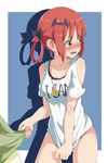  blush casino_(casinoep) clothes_writing covering covering_crotch cowboy_shot drop_shadow ears eyebrows gabriel_dropout hair_ornament hair_ribbon highres jewelry kurumizawa_satanichia_mcdowell necklace no_panties nose_blush open_mouth out_of_frame red_eyes red_hair ribbon shirt_tug short_sleeves shoulder_cutout simple_background solo tears teeth 
