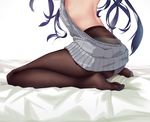  adagaki_aki backless_outfit bare_back bed_sheet black_legwear blue_hair close-up dress gh_(chen_ghh) grey_sweater highres long_hair lower_body masamune-kun_no_revenge meme_attire panties panties_under_pantyhose pantyhose ribbed_sweater sitting solo sweater sweater_dress underwear virgin_killer_sweater wariza wavy_hair white_panties 