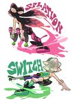  action ankle_boots aori_(splatoon) black_footwear black_hair boots commentary cousins detached_collar dress dual_wielding earrings english from_behind gloves green_legwear grey_hair highres holding holding_weapon hotaru_(splatoon) jewelry long_hair multiple_girls nintendo_switch paint_splatter pantyhose pointy_ears purple_legwear short_dress short_hair short_jumpsuit sliding splat_charger_(splatoon) splat_dualies_(splatoon) splatoon_(series) splatoon_2 standing strapless strapless_dress tentacle_hair weapon white_gloves wong_ying_chee 