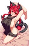  animal_ears areolae armpits arms_up bare_legs black_bow black_sweater blush bow braid breasts cat_ears cat_tail dress full_body hair_bow highres kaenbyou_rin kneeling large_breasts long_hair looking_at_viewer meme_attire naked_sweater psychopath_idiot red_eyes red_hair sideboob solo sweater sweater_dress tail touhou turtleneck turtleneck_sweater twin_braids virgin_killer_sweater 