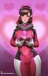  adapted_costume alternate_color animal_print badcompzero bangs blush bodysuit box bracer breasts brown_eyes brown_hair bunny_print cowboy_shot d.va_(overwatch) eyelashes facepaint facial_mark gloves headphones heart heart-shaped_box heart_background high_collar holding light_smile lips long_hair looking_at_viewer medium_breasts nose nose_blush overwatch parted_lips patreon_logo patreon_username pilot_suit pink_background ribbed_bodysuit shoulder_pads skin_tight solo swept_bangs valentine watermark web_address whisker_markings white_gloves 