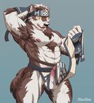  2017 5_fingers abs anthro armpit_hair armpits balls belt biceps big_muscles black_nose blue_background blush body_hair brown_fur canine cheek_tuft chest_hair chest_tuft clothing countershade_face countershade_torso erection erection_under_clothes fluffy fluffy_tail fur glans hair hand_behind_head hi_res horkeukamui humanoid_hands humanoid_penis ineffective_clothing inner_ear_fluff kakushimi loincloth looking_down male mammal manly multicolored_fur multicolored_hair muscular muscular_male nipples nude open_mouth pecs penis pink_nipples pointy_ears simple_background solo standing sweat tokyo_afterschool_summoners tuft two_tone_fur two_tone_hair watermark white_balls white_countershading white_fur wolf yellow_eyes 
