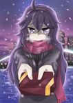  1girl blush city gift hex_maniac_(pokemon) long_hair npc npc_trainer pokemon pokemon_(game) pokemon_xy purple_eyes purple_hair scarf snow 