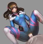  1girl bangs blush bodysuit breasts brown_eyes brown_hair censored cum cum_in_pussy d.va_(overwatch) gloves headphones hetero highres kibellin long_hair looking_at_viewer medium_breasts overwatch penis pilot_suit saliva sex solo_focus vaginal white_gloves 