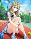  absurdres ball bottle day green_hair highres hikone_hina kishida_mel long_hair official_art on_ground outdoors racket school_fanfare scoreboard shoes short_sleeves sitting skirt smile sneakers solo sportswear tennis_ball tennis_court tennis_racket tennis_uniform water_bottle 