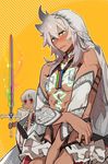  1girl altera_(fate) altera_(fate)_(cosplay) balmung_(fate/apocrypha) bare_shoulders blush cosplay costume_switch dark_skin detached_sleeves fate/apocrypha fate/grand_order fate_(series) green_eyes long_hair me_(mikannu) open_mouth photon_ray red_eyes siegfried_(fate) siegfried_(fate)_(cosplay) sword veil weapon white_hair 