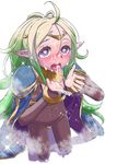  1girl blue_eyes blush body_suit bodystocking breasts circlet cum facial fire_emblem fire_emblem:_kakusei green_eyes heart-shaped_pupils jewelry long_hair navel nintendo nipples nono_(fire_emblem) open_mouth pointy_ears small_breasts symbol-shaped_pupils tears 